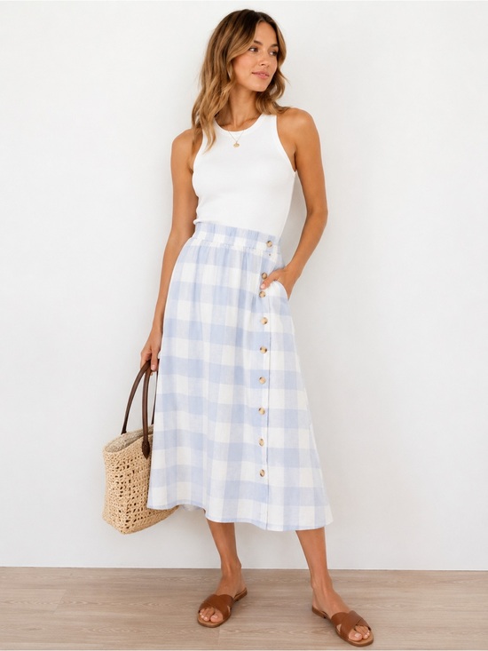 Madewell Dresses & Skirts - Madewell Linen-Blend Side-Button Midi Skirt in Gingham Check – Size Small